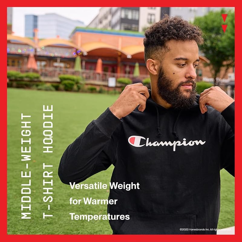 Champion Men’s Long Sleeve T‑Shirt Hoodie - Black with Classic Script Logo
