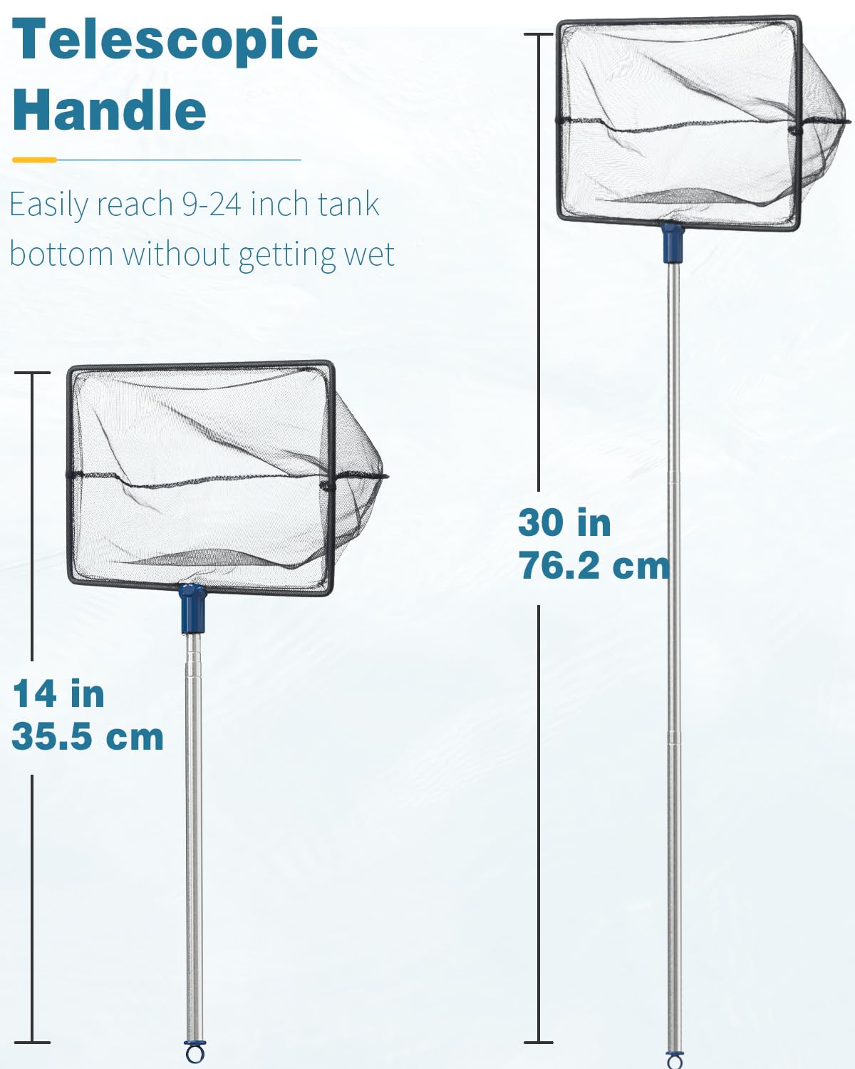 Pawfly Aquarium Fish Net with Telescopic Stainless Steel Handle 8 Inch Large Square Net with Soft Fine Mesh Sludge Food Residue Wastes Skimming Cleaning Net for Fish Tanks Small Koi Ponds and Pools