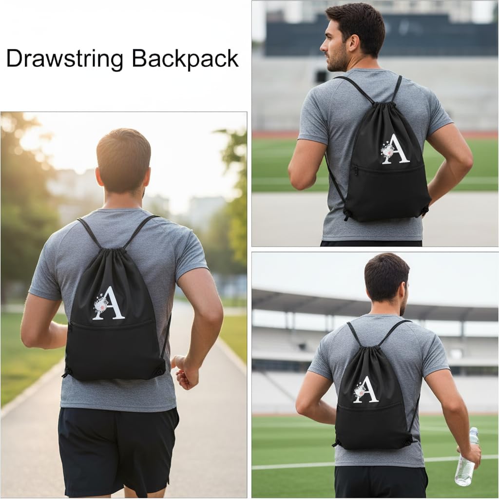 Drawstring Backpack, Personalized Initial Design Drawstring Bags Water Resistant String Bag for Women Men Gym Backpack Track Bag Sackpack Cinch Bags for Sports, Gym, Travel, Beach-Black (Letter J)