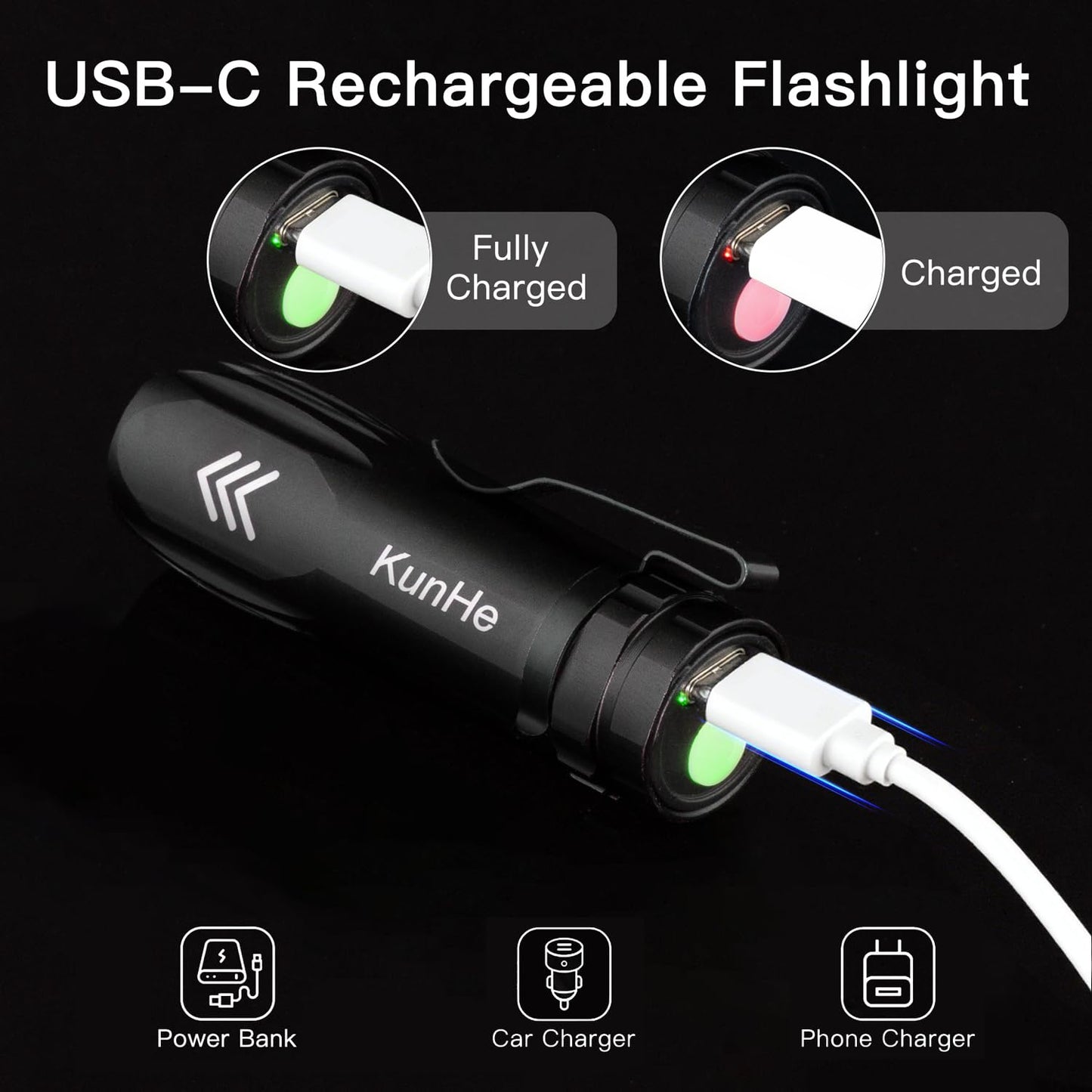 KunHe 5 Pack Mini Flashlight Rechargeable Bulk USB-C Small High Lumen Flashlight Single Mode - Simple On/Off Operation, Clip-on Portable Pocket Flash Light for EDC Emergency Home Use