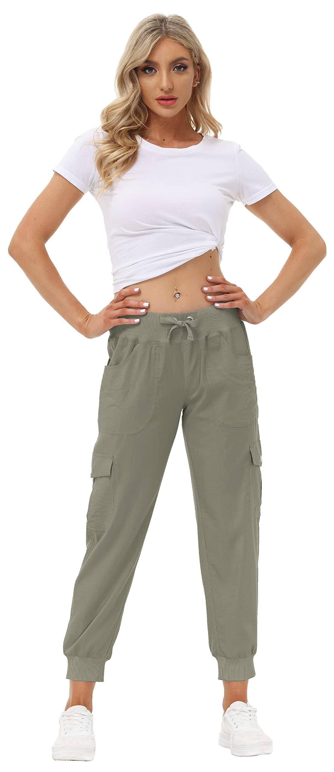 MoFiz Women's Hiking Pants Cargo Joggers Sweatpants with Pockets Lightweight Quick Dry Outdoor Summer Casual Athletic Elastic Waist Grey Khaki XL