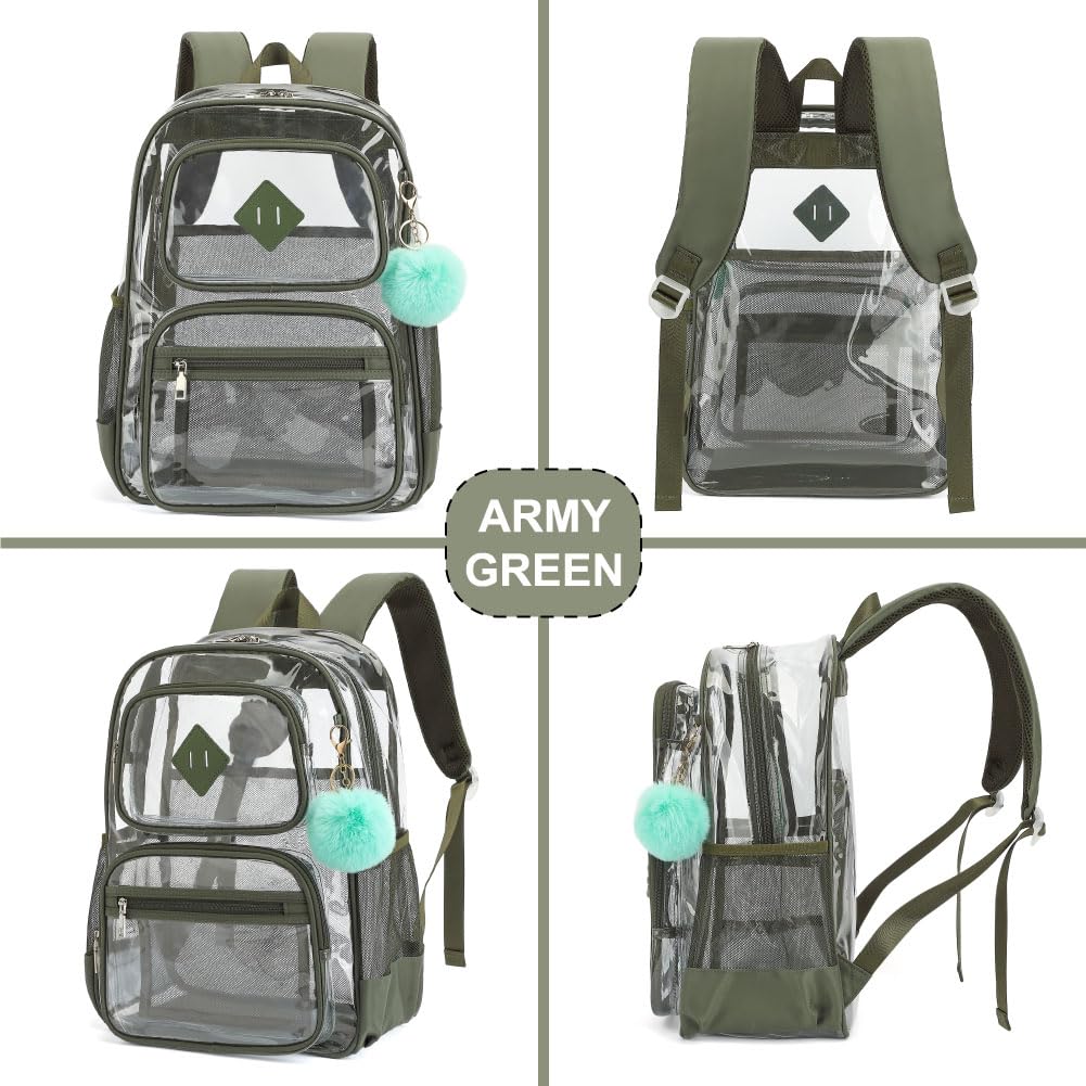 Heavy Duty Clear Backpack for Girls Boys Transparent School Bookbag Kids Durable PVC See Through Backpack-Army Green