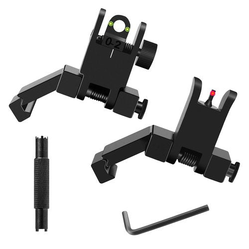 Fiber Optics Iron Sights, Low Profile 45 Degree Front and Rear Backup AR Sights, All Metal Construction Two Aperture Sight with Red and Green Dots for Picatinny and Weaver Rail