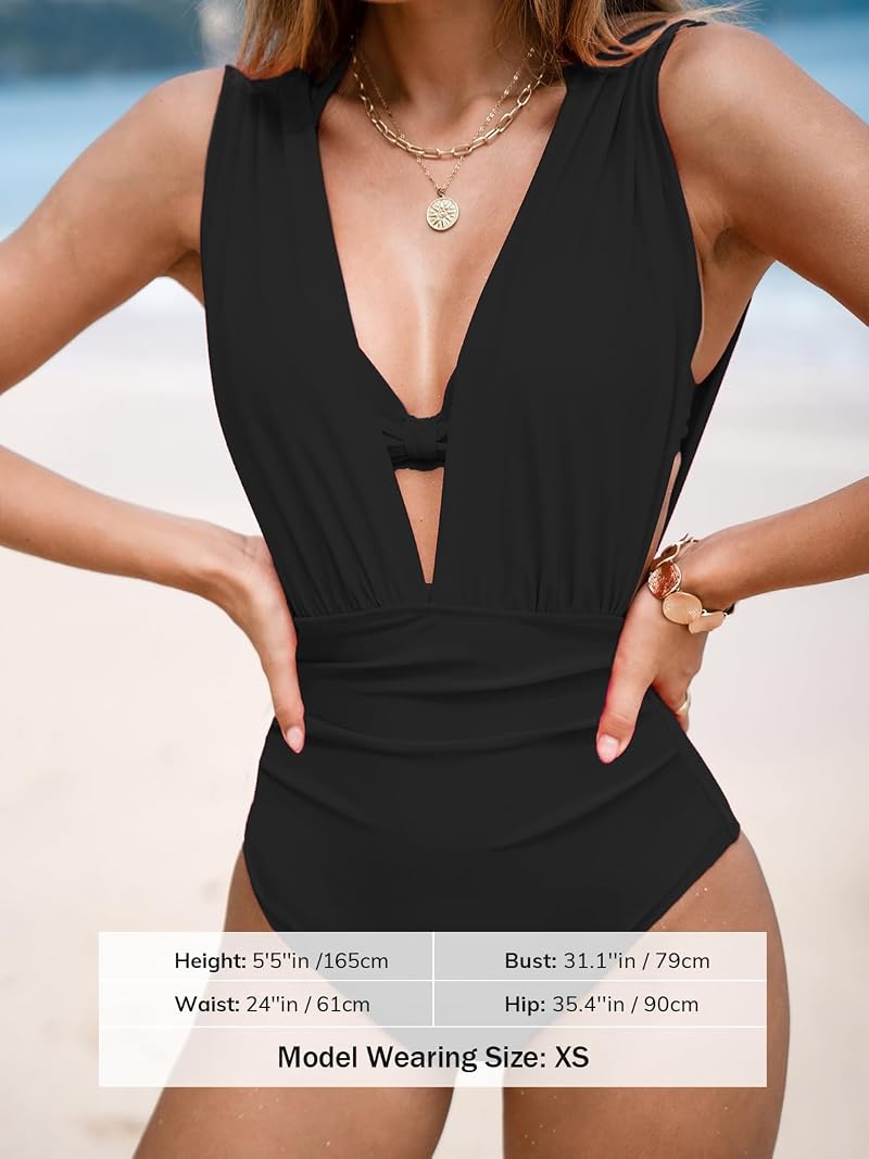 CUPSHE Women's One Piece Swimsuit Plunge V Underwire Push Up Swimwear - Black, Large