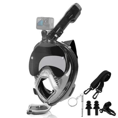 Snorkeling Gear for Adults, Full Face Snorkel Mask Adults with Camera Mount, Snorkel Mask for Glasses Wearers Check Valve Air Inlet Breathe Better, Panoramic View Snorkel Set (Black, L)