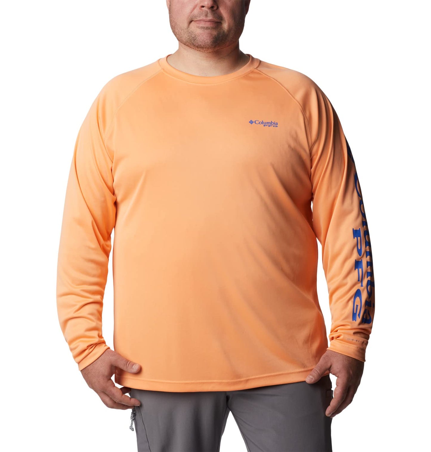 Columbia Men's PFG Terminal Tackle Long Sleeve Fishing Shirt, Bright Nectar/Vivid Blue Logo, 2X