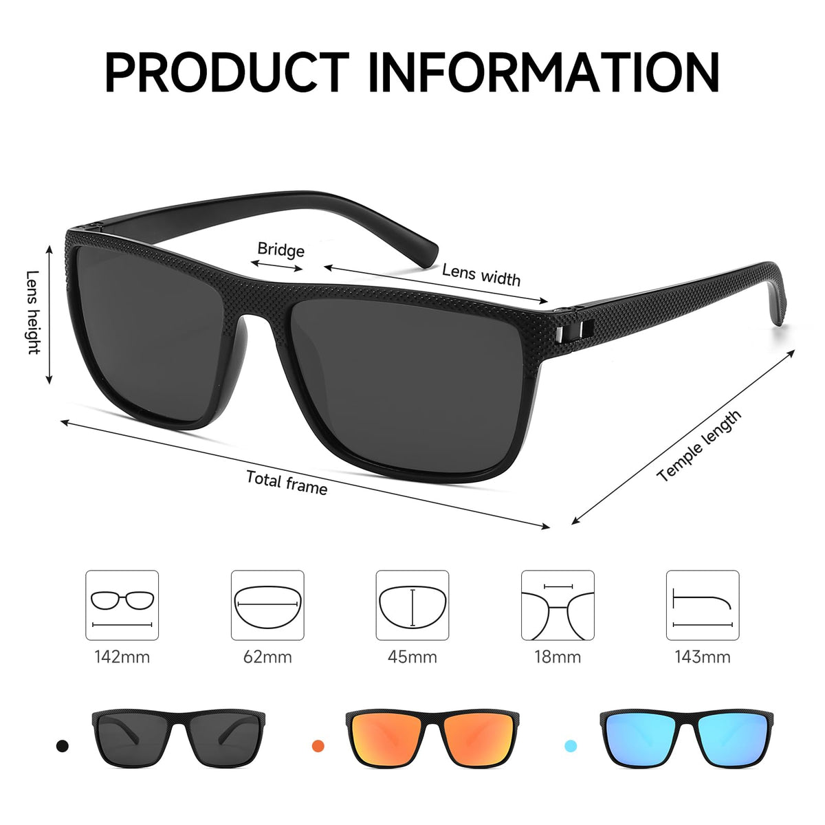 MASDUN Polarized Sunglasses for Men and Women Square Sun glasses UV Protection For Driving Fishing Golf (3 Pack) (Black/Ice Blue/Silvery)