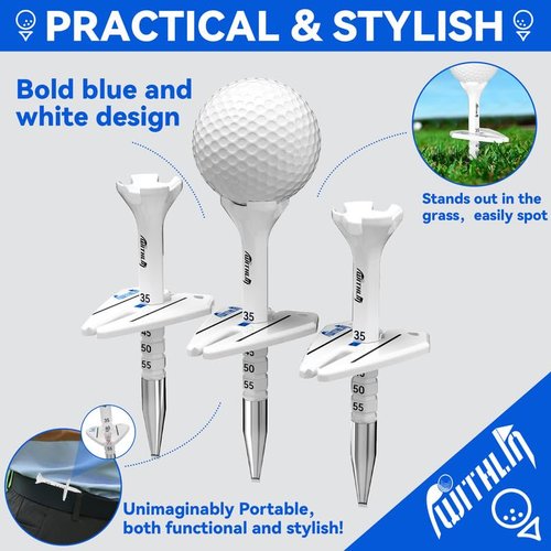 prowithlin Golf Tees Plastic, Unbreakable Long Golf Tees 3 1/4 with Height Markers & Visual Guides, Come with Cleaning Feature Golf Accessories for Men, Stylish Blue and White Design Golf Gifts, 3PCS