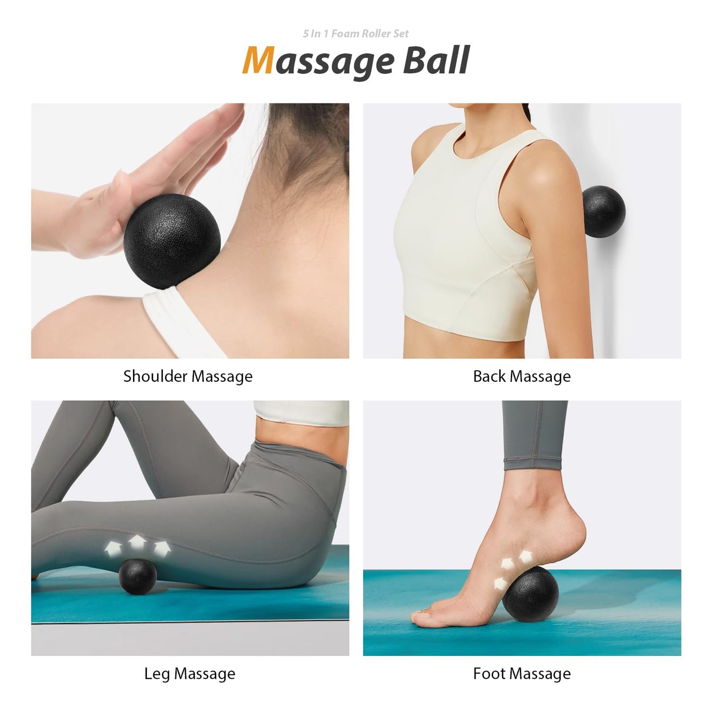 5 in1 Foam Roller Set, Trigger Point Foam Roller, Massage Roller Stick, Massage Ball, Resistance Band for Deep Muscle Massage Pilates Yoga,Fitness Exercise for Whole Body (Violet)