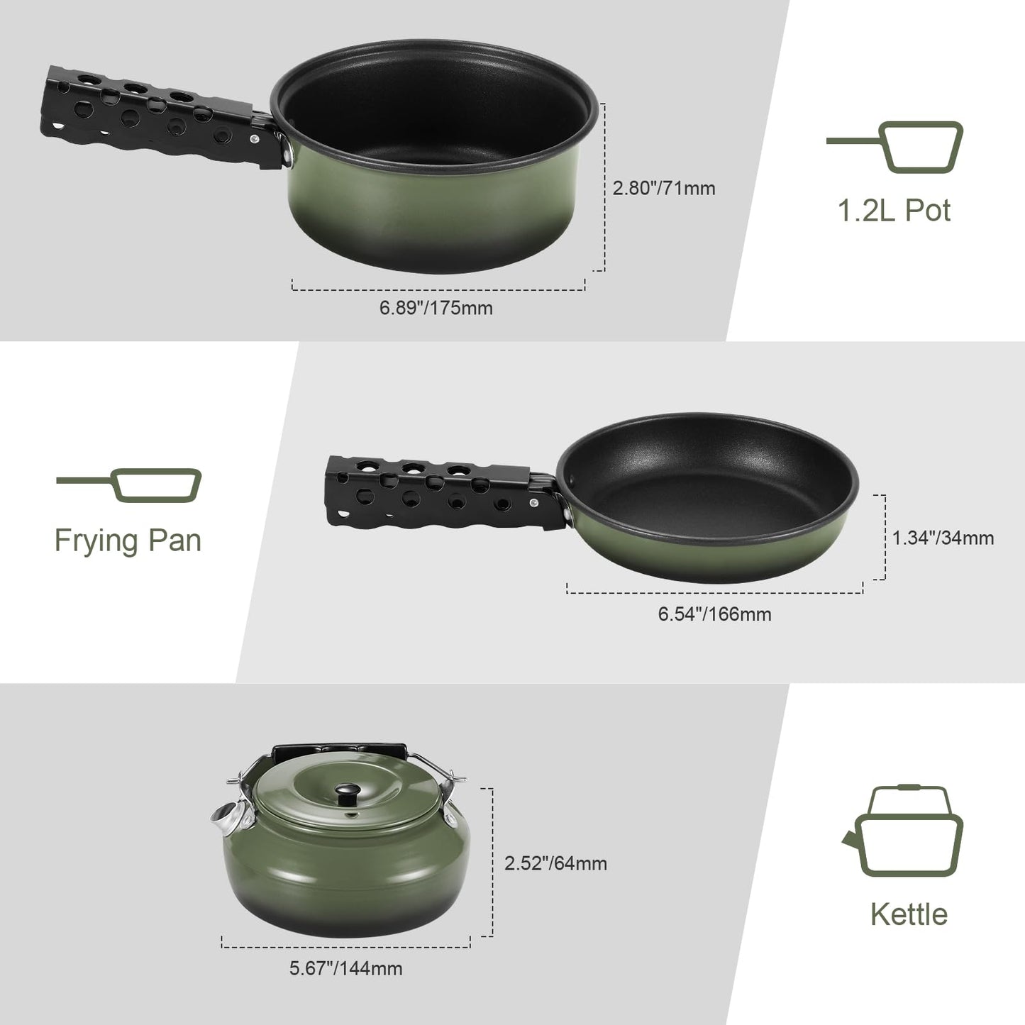 Odoland 5pcs Camping Cookware Non-Stick Camping Pot and Pan Set with Kettle and Removable Handle for Hiking Backpacking and Picnic(Green)