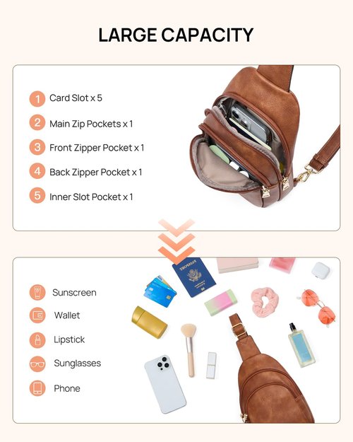 Telena Sling Bag for Women Leather Fanny Pack Crossboday Backpack Brown
