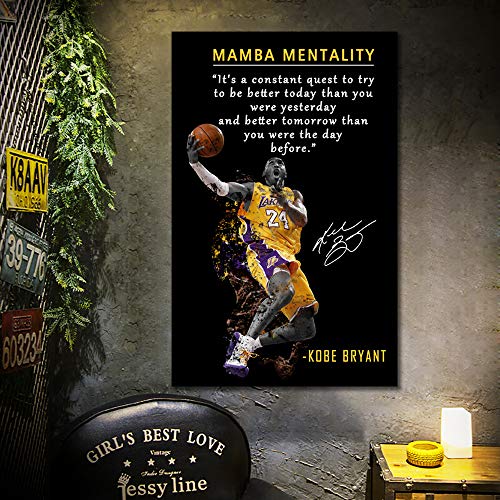 Kobe Bryant Mamba Mentality Quote Wall Art - 24 x 16 Inch Canvas Poster for Home Gym Office