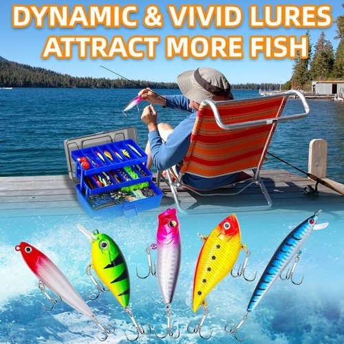 Japior Large 3 Layers Tackle Box with Tackle Included - 471 Pcs Fishing Gear Accessories Kit Contains Minnow,VIB,Crankbaits,Hooks, Weights,Other Accessories Fishing Gifts for Men and Adults