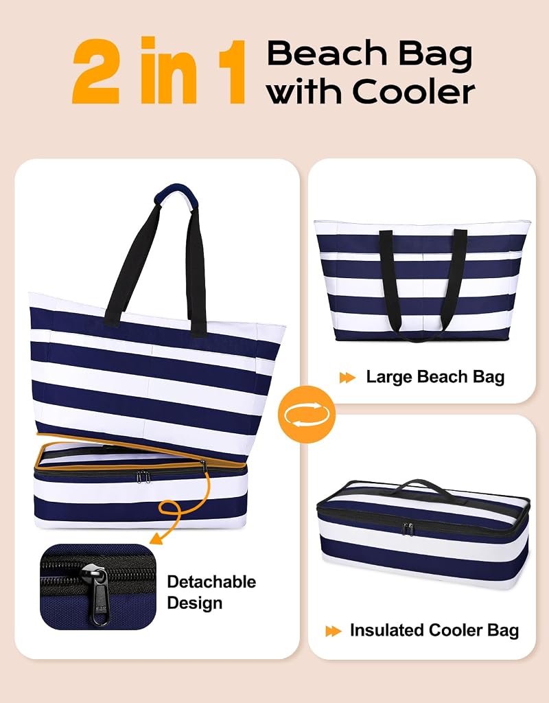 54L Beach Bag with Detachable Cooler Navyblue – Waterproof Sandproof Duffle for Beach, Pool & Travel