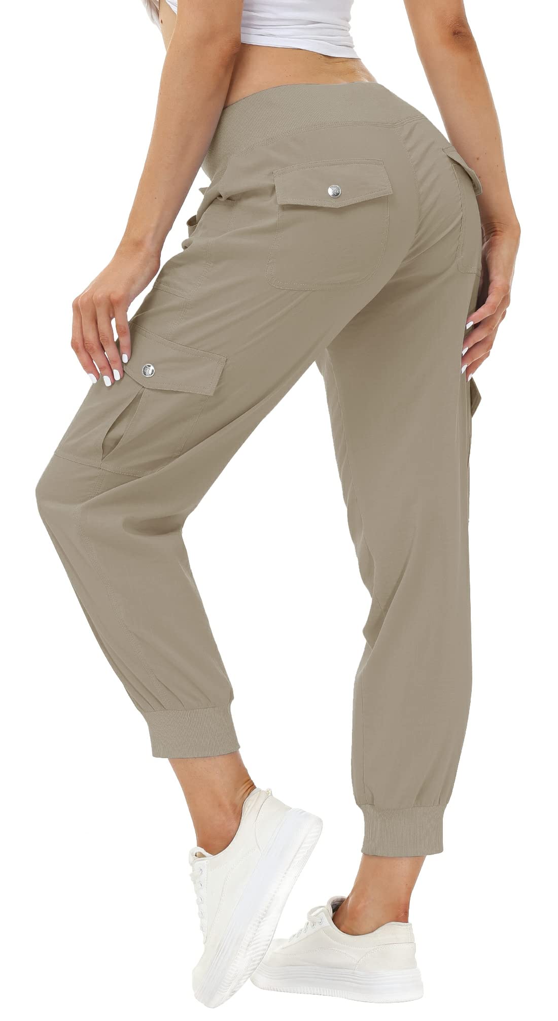 MoFiz Women's Cargo Pants Hiking Joggers Summer Lightweight Quick Dry Athletic Outdoor Sports Sweatpants Travel Casual Button Pockets Khaki 3XL