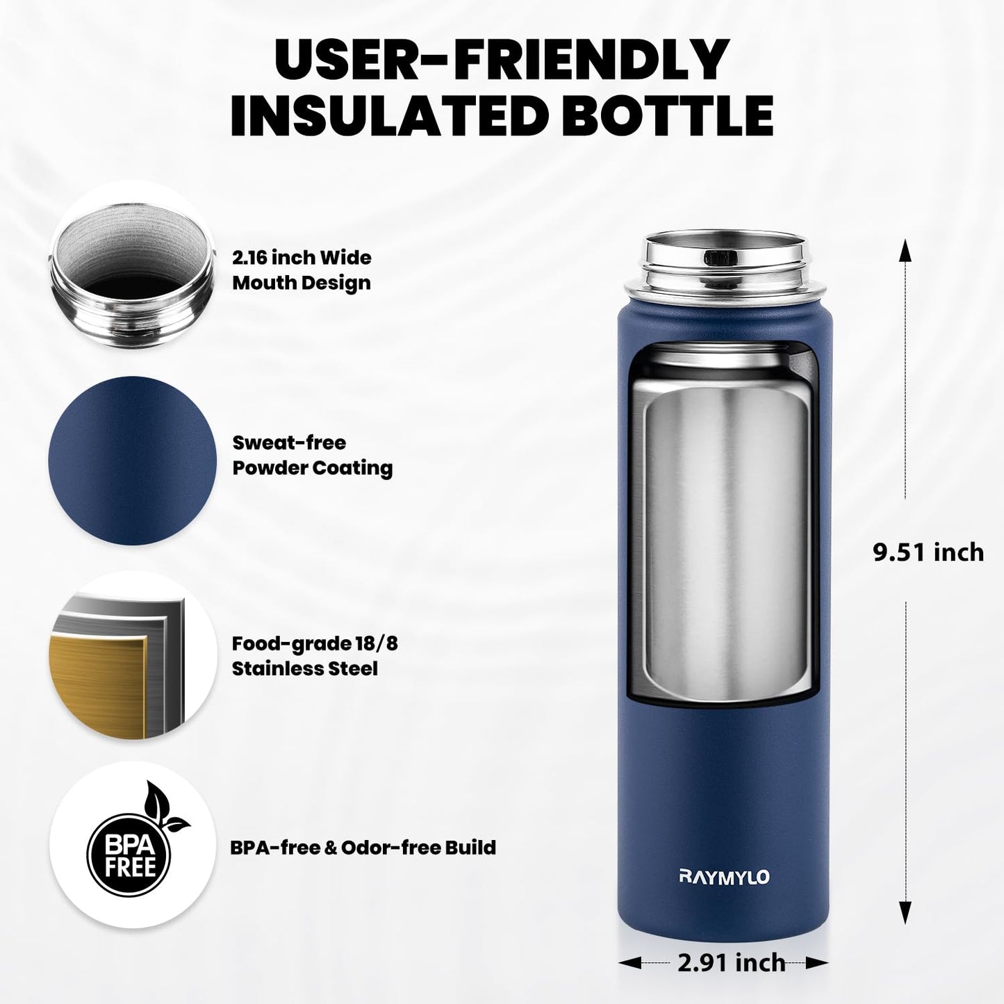 RAYMYLO Insulated Water Bottle 20 oz, Triple Wall Vacuum Stainless Steel (Cold for 24Hrs, Hot for 12Hrs), Leak Proof & Non-BPA, Modern Water Bottle Jug for School with Straw Spout Lids