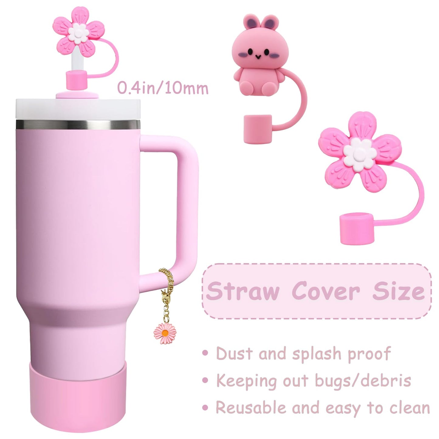 Stanley Cup Accessories Set,Including 2 Pcs 0.4in Straw Cover, 1 Silicone Spill-Proof Stopper Set of 3, 1 Cute Flower Handle Charm, 1 Silicone Boot Fits Stanley 40&30 Oz Tumbler (Lavender Pink)
