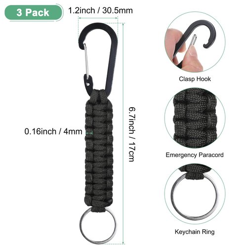 M METERXITY 3-Pack Braided Paracord Keychain with Clips, 6.7 Inch Paracord Lanyard Clips Durable Hanger Hook for Backpacks Water Bottle for Camping/Hiking/Fishing/Traveling [Black]