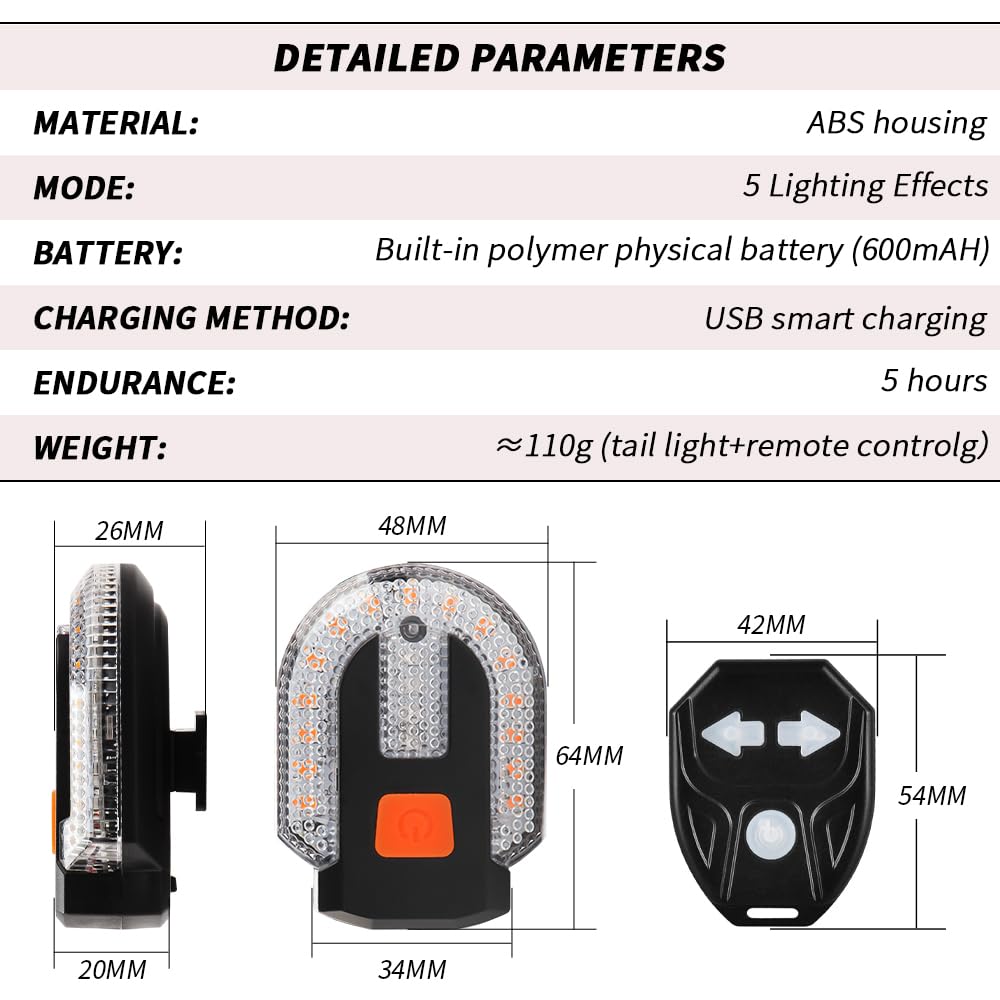 UPXSXT 4Pcs Turn Signals for Bicycles with Alarm, USB Charging Remote Control Split/Integrated Bike Tail Light 5 Modes Waterproof Strobe Bike Rear Lights Can be Mounted on Front and Rear of Bicycle