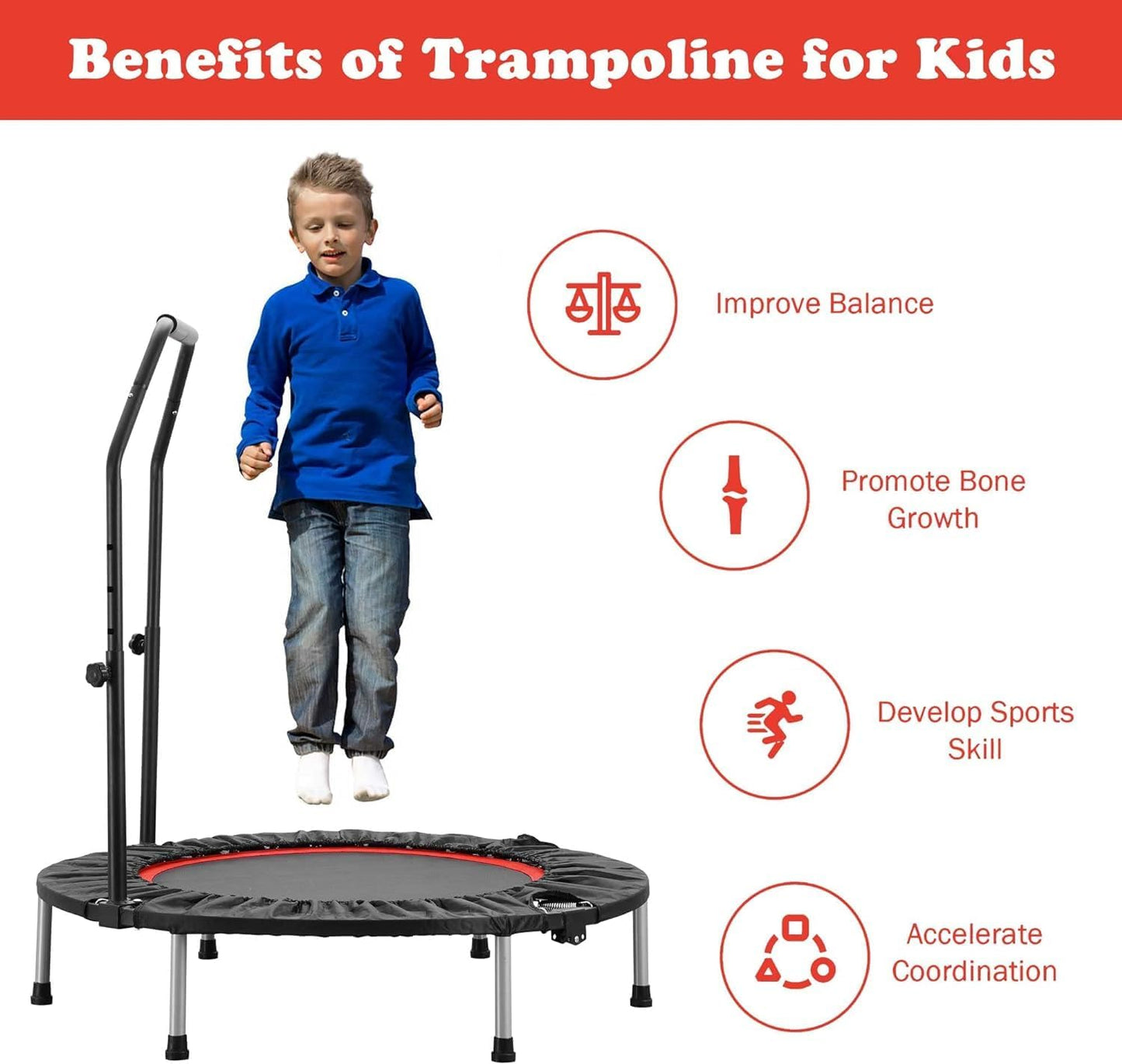 HYD-Parts 40" Mini Trampoline for Adults and Kids Exercise Rebounder Trampoline with Adjustable Bar Fitness Trampoline Indoor & Outdoor, Max Load 330lbs