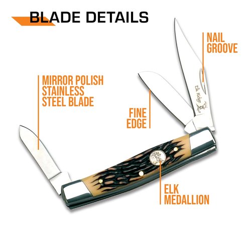 Elk Ridge - Manual Folding Knife - 4-in Closed, 3-in Mirror Finish Stockman Blade, Simulated Bone Handle with Elk Medallion
