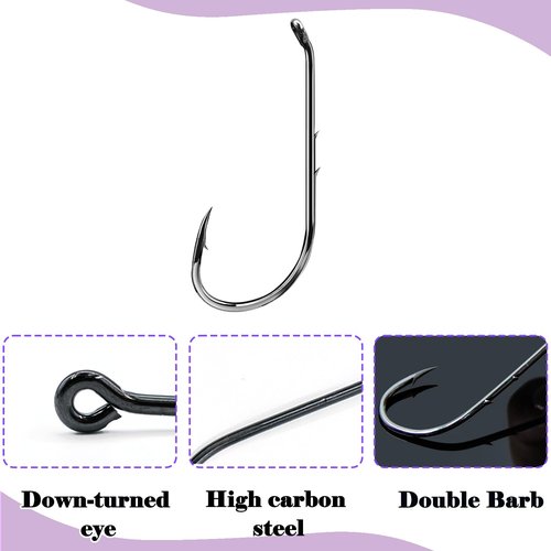 Natufish Baitholder Fishing Hooks 50Pcs Bait Holder Hooks Offset/Double Barbed/Long Shank/Down Eye for Soft Live Baits Saltwater(Size 6#)
