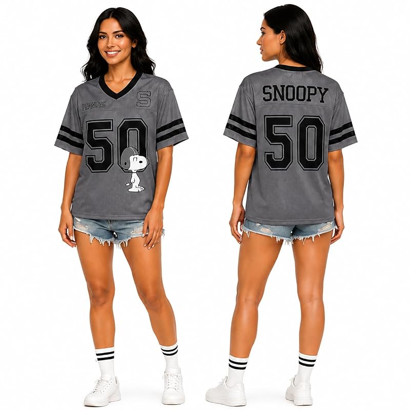 Womens Football Jersey - Short Sleeve Mesh V-Neck Active Sports Jersey, Grey Snoopy Variation