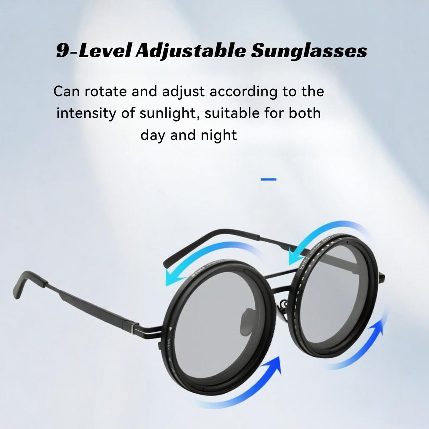 Zentavi Adjustable Tint Polarized Round Sunglasses with Built-in ND Filter, Manual Tint Control for Men's Unique Needs (Black Thick Legs - Black Legs)