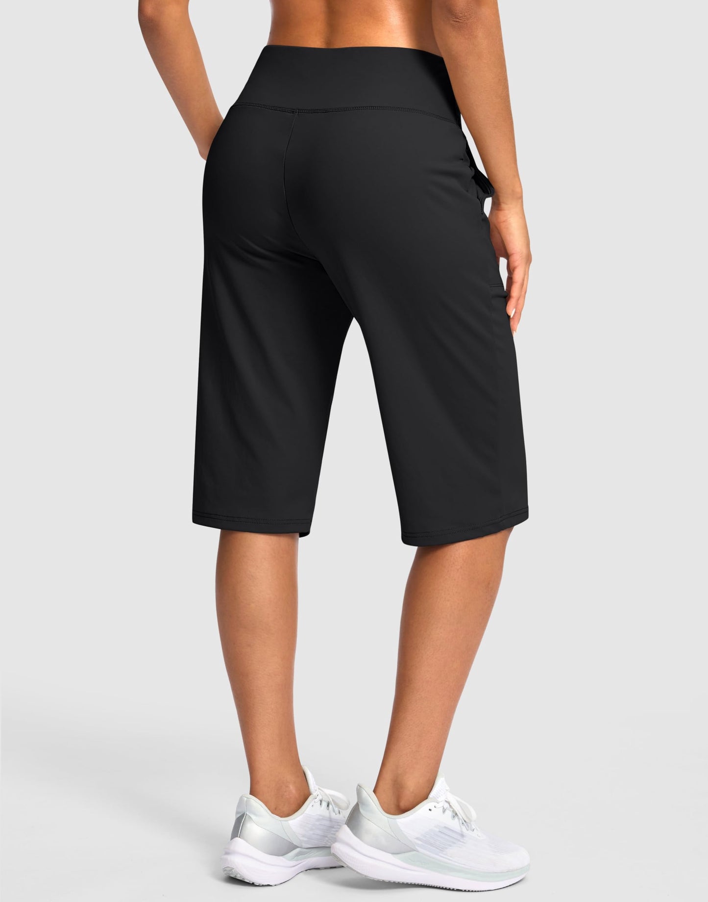 SANTINY 14" Shorts for Women Knee Length with Pockets High Waisted Stretch Long Bermuda Shorts for Summer Dressy Casual (Black L)