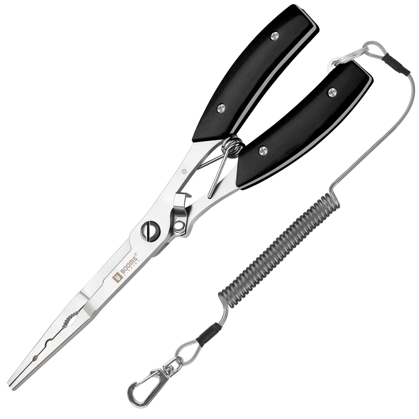 Booms Fishing Pliers Hook Remover: 8" Long Nose Fish Pliers Stainless Steel for Saltwater - Braid Line Cutters with Coiled Lanyard and Safety Lock Design, Multi-Function Fishing Tool For Men, H06