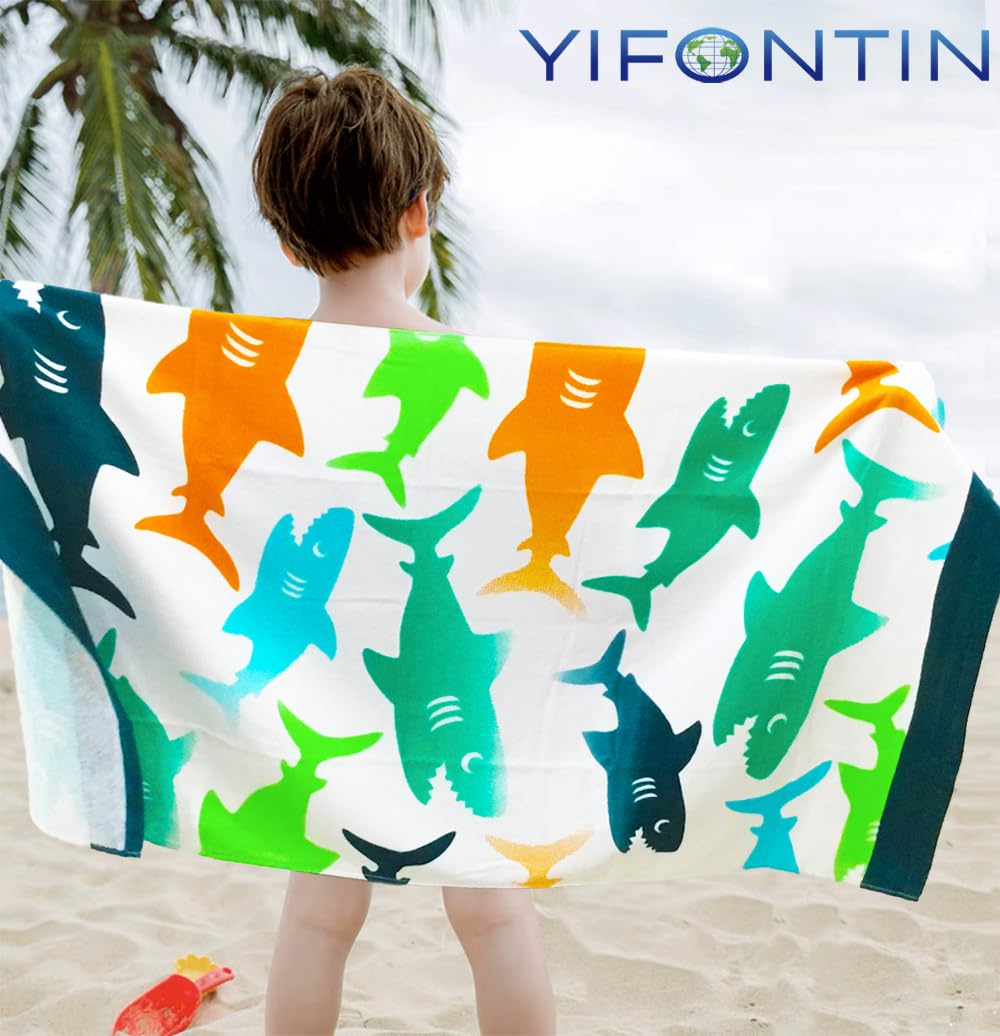 YIFONTIN Kids Beach Towel Super Soft Absorbent Cotton Velour Terry Blanket Throw 24"X48" for Bath Travel Camping Picnic Swimming Pool, Shark Group.