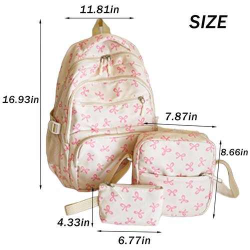 Pink Bow Backpack for Girls, 2025 Trendy Nylon Rucksack Cute Kawaii Preppy Backpack 3 Pcs Set With Bow Pattern (Pink)