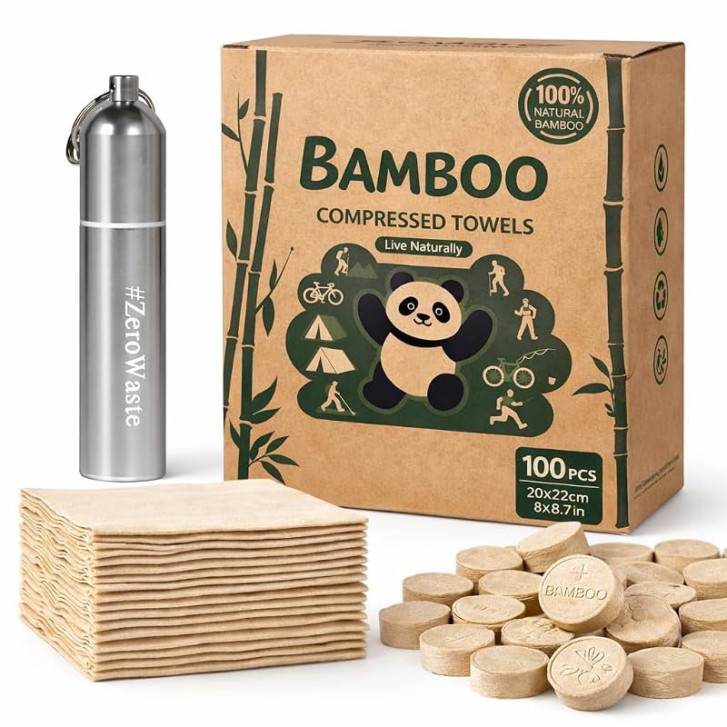 Brown-100-Pack Compressed Bamboo Towel Tablets with Metal Case for Camping
