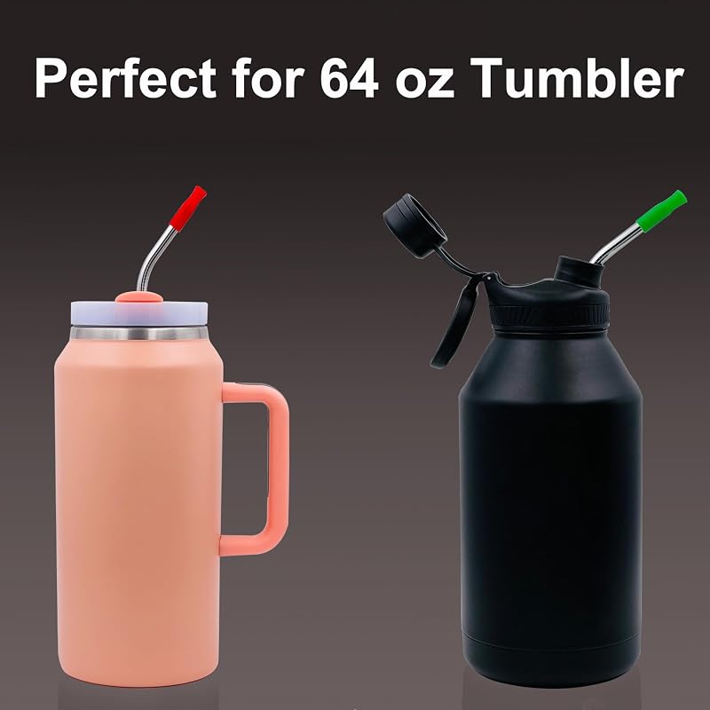 13 Inch Extra Long Reusable Bent Stainless Steel Straws - 6 Pack with 2 Cleaning Brushes & 6 Silicone Tips for Stanley Quencher