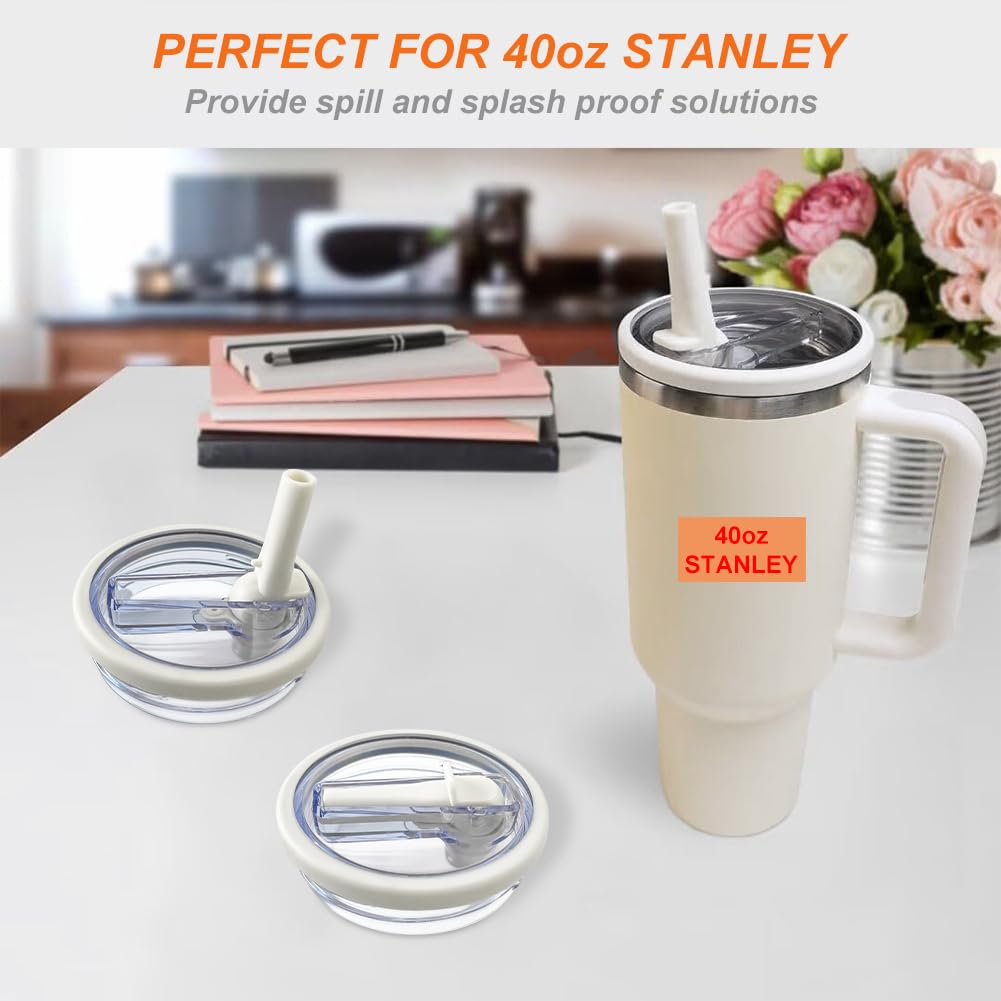 2 Pack Flip Straw Leak Proof Lid for Stanley 40 oz Tumbler Quencher - Reusable Spill Proof Lid Top Cover Stanley 40oz Cup Accessories - Replacement of Leaking Original Stanley Lids - Beige