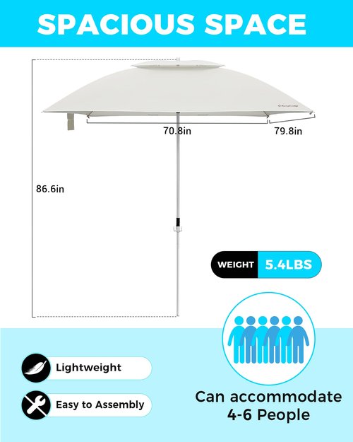 KingCamp Beach Umbrella, 2-in-1 Sun Shade 6x6 FT Windproof& Easy Set Up Sun Shelter with Stability Poles for Camping Trips, Picnics& Backyard