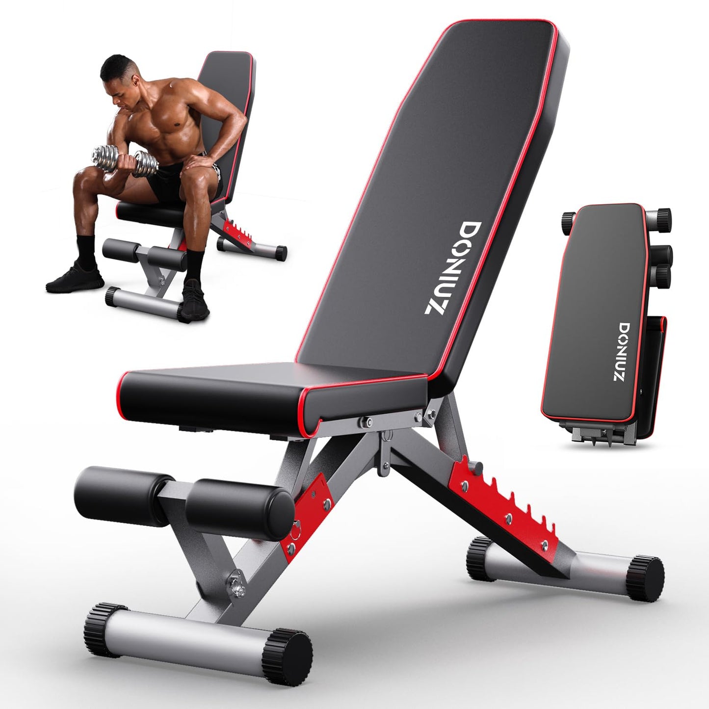 DONIUZ Weight Bench, Adjustable Workout Bench Press Set for Home Gym Strength Training, Easy Assembly Foldable Training Lifting Bench for Small Space Apartment Room, Max Load 750(RedBlack)