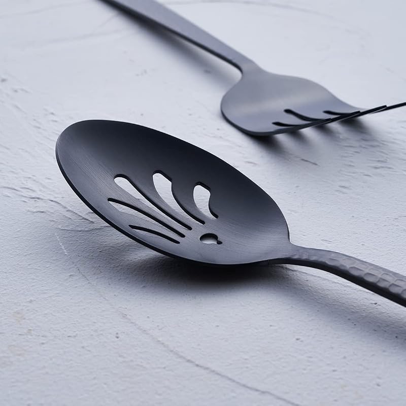 Matte Black 2 Spoons & 2 Slotted Spoons & 2 Forks Serving Utensil Set (FULLYWARE) - 9.5" Heavy-Duty 18/0 Stainless