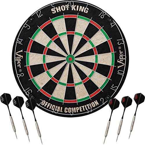 Viper Vault Cabinet & Shot King Sisal/Bristle Dartboard Ready-to-Play Bundle with Two Sets of Steel-Tip Darts, Throw Line, and Dry Erase Scoreboards, Walnut Finish