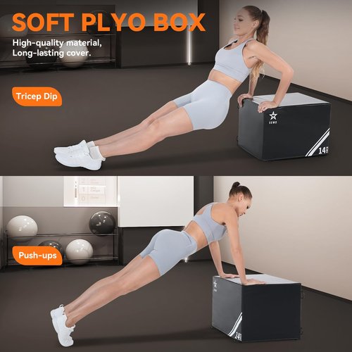 SEWD 3-in-1 Foam Plyometric Box, High Density Exercise Platform, 14-inch Multi-Functional Workout Box with Resistance Bands, Exercise Handle and Ankle Strap.