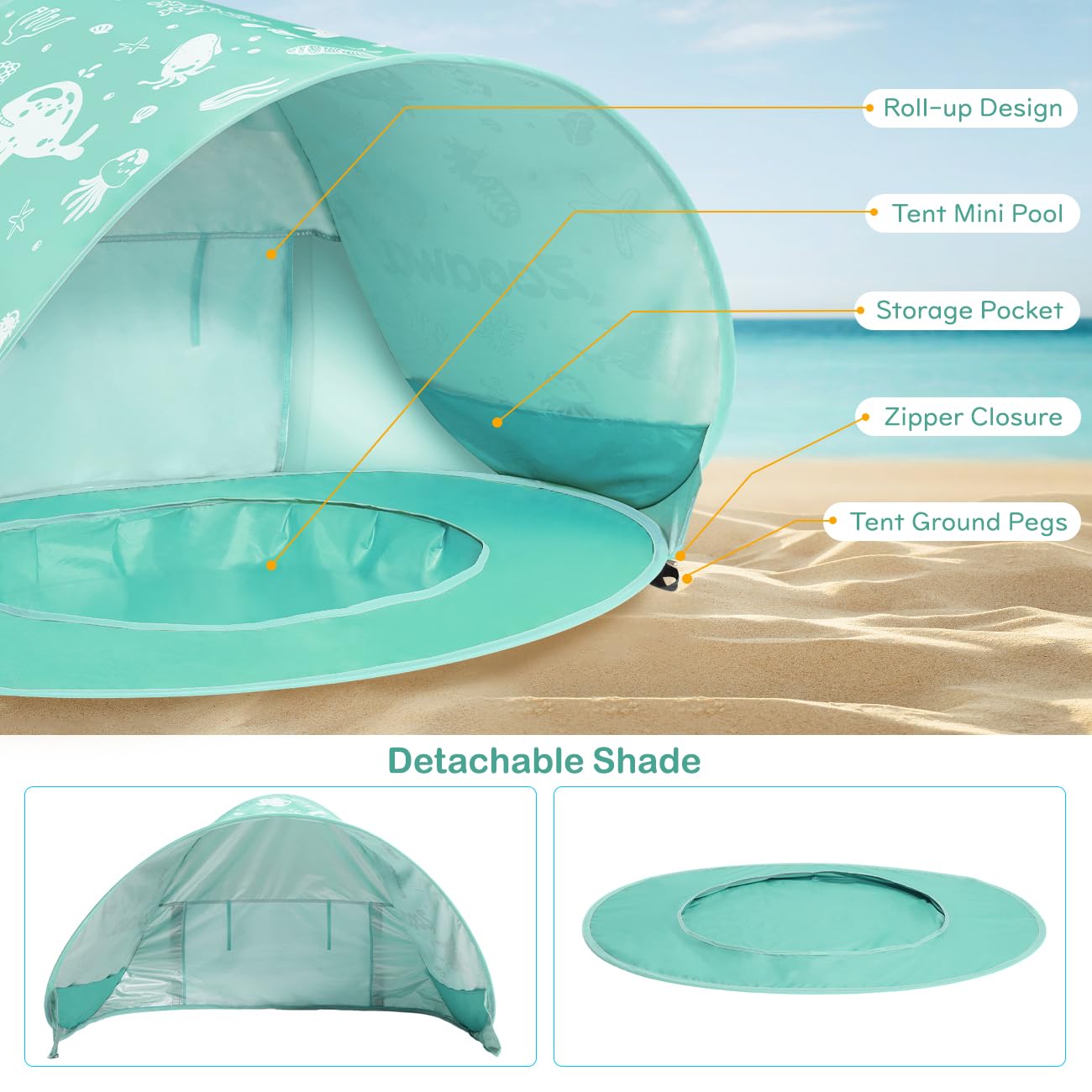 Zooawa Baby Beach Tent with Pool, Pop Up Beach Tent Sun Shade for Infant