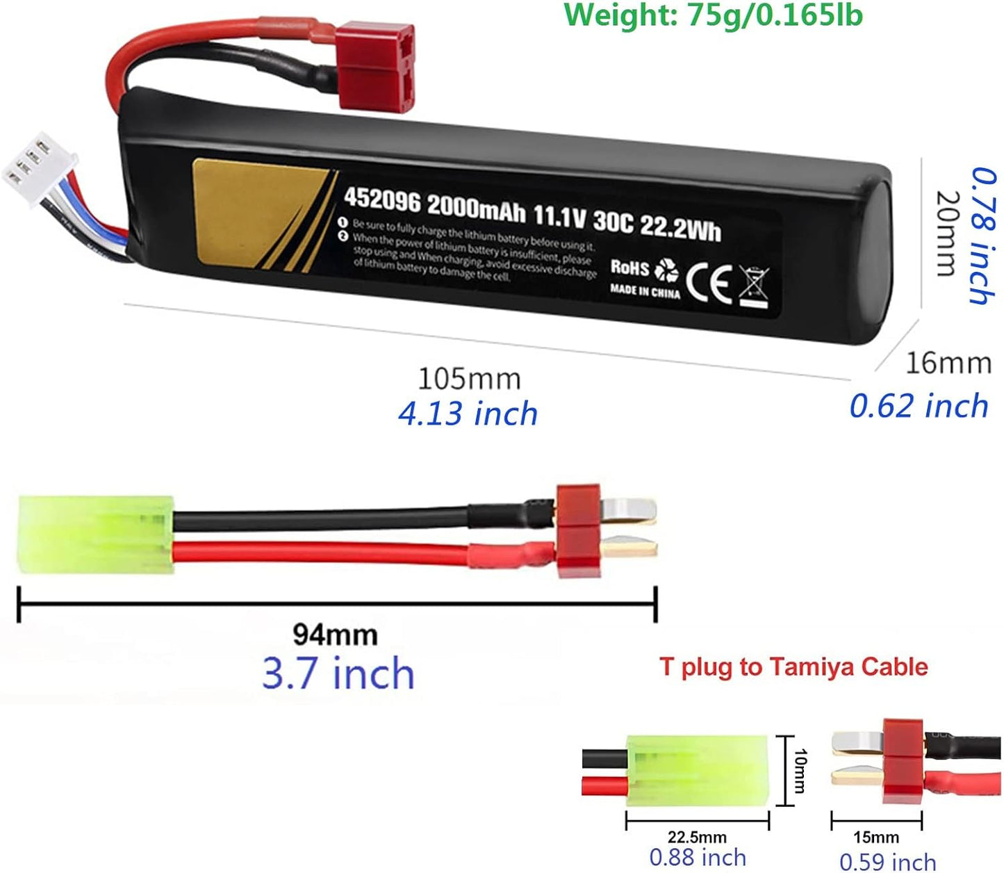 11.1V airsoft batteries 30C 2800mAh lipo battery airsoft T Plug with USB Charger T Plug to Mini Tamiya Cable Rechargeable Batteries for Airsoft gun Model splatrball gel blaster accessories-2pcs
