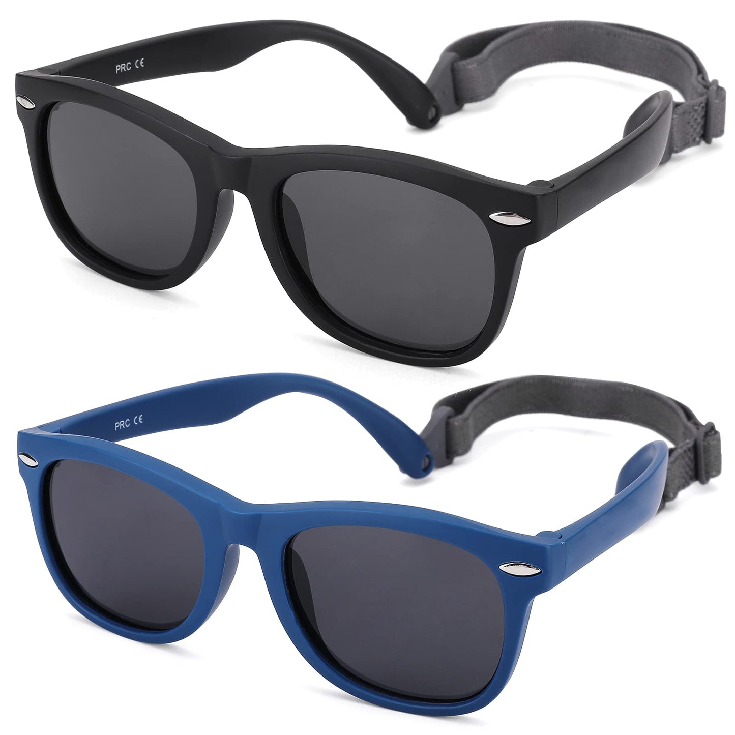 NULOOQ Polarized Baby Sunglasses with Strap - Unbreakable Flexible Infant Sunglasses for Toddlers Age 0-24 Months (Matte Black/Gray + Matte Blue/Gray) - 2 Pack