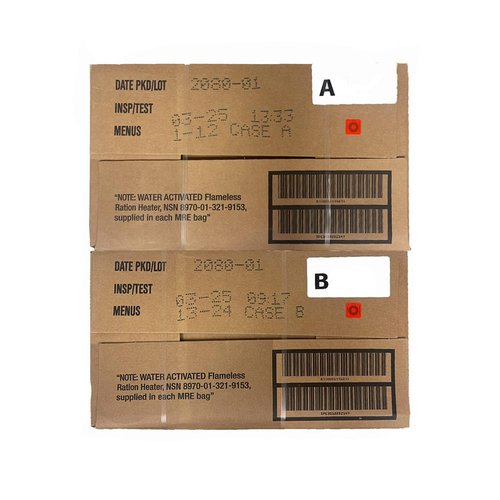 Meals Ready to Eat A and B bundle cases 2025, 2026 inspection. Genuine Military US surplus emergency food bulk supply full box with heater