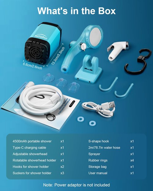 AUTOPkio Portable Camping Shower, Upgraded Rechargeable Battery Shower Pump with 3 Modes, LED Display, 8.0L/min Electric Outdoor Shower Kit for Travel, Car, Pet Washing, Emergency