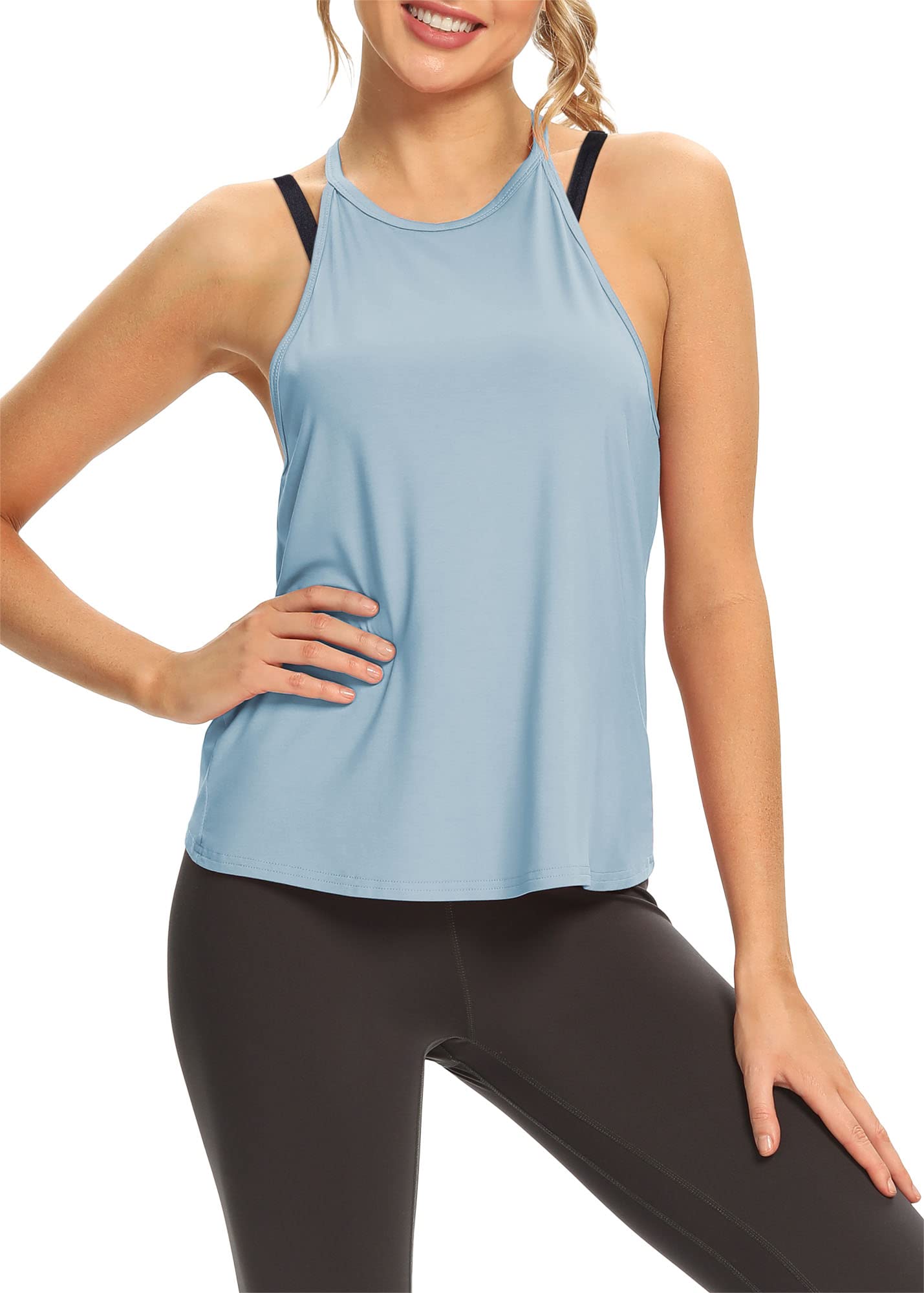 Mippo Womens Open Back Sleeveless Halter Neck Activewear Tank Tops for Workout Gym Sports Running Pilates Hiking Loose Fit Light Blue L