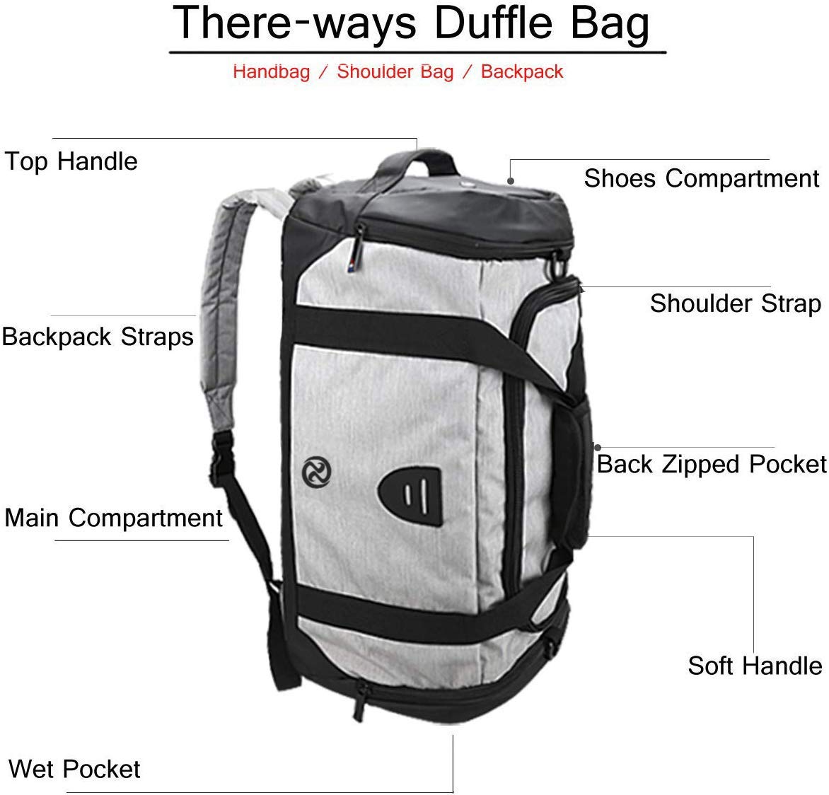 Gym Duffle Bag Backpack Waterproof Sports Duffel Bags Travel Weekender Bag for Men Women Overnight Bag with Shoes Compartment Grey