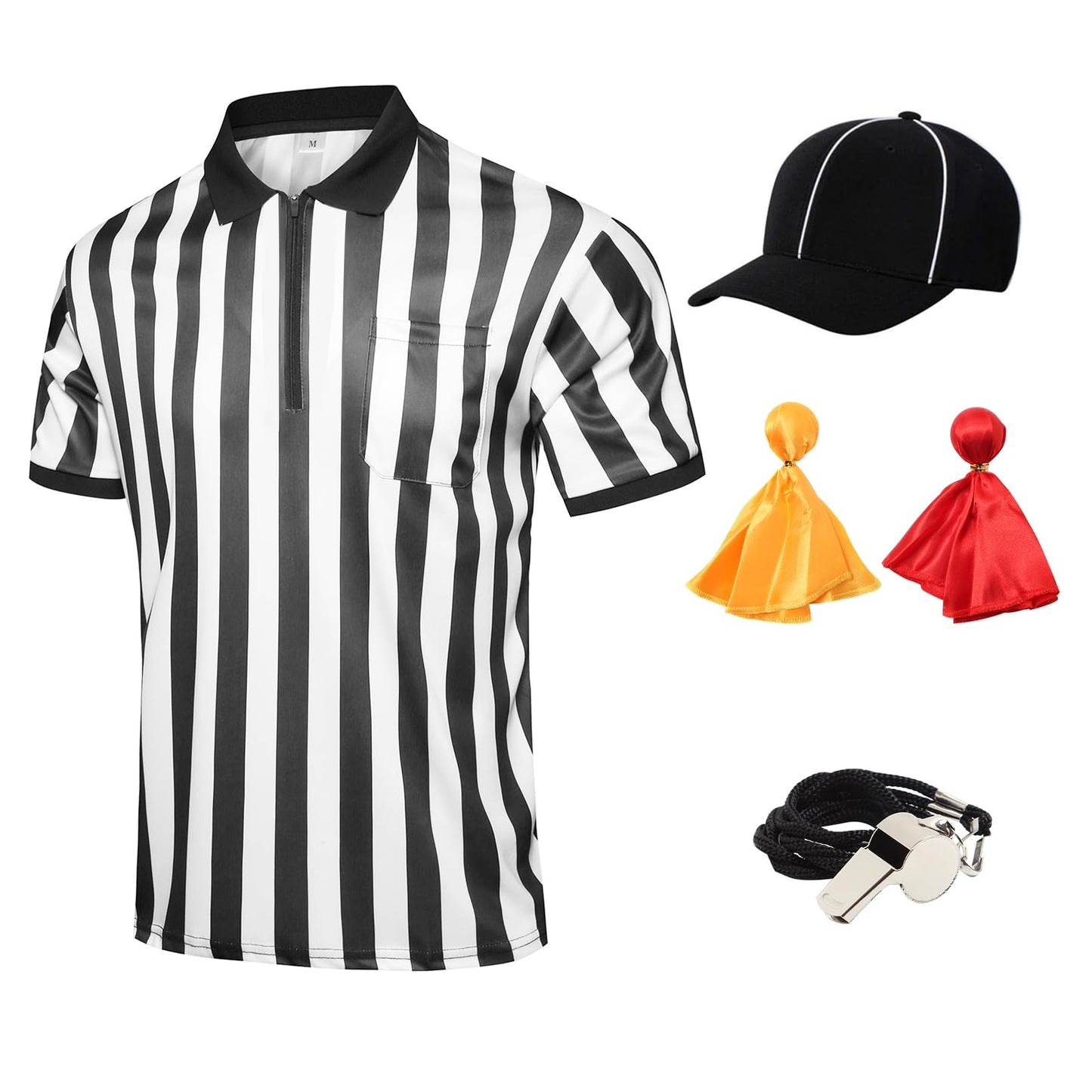 5 Pcs Men's Referee Costume Kit White and Black Stripe Referee Shirt Womens Official Referee Hat Stainless Whistle Yellow Red Penaltys Flag for Football Soccer Halloween L