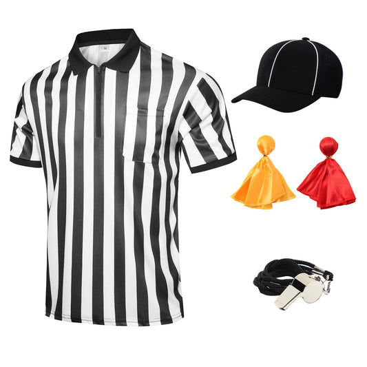5 Pcs Men's Referee Costume Kit White and Black Stripe Referee Shirt Womens Official Referee Hat Stainless Whistle Yellow Red Penaltys Flag for Football Soccer Halloween L