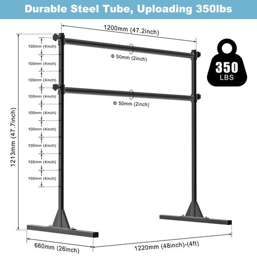 BeneLabel 4Ft Freestanding Ballet Barre 10 Height Adjustable Ballet Bar 350 lbs Capacity Steel Portable Dance Bar Double Ballet Barre for Home Fitness, Workout and Stretch